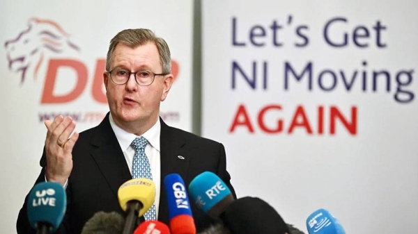 Democratic Unionist Party (DUP) leader Sir Jeffrey Donaldson addresses the media following a meeting with 120 executive members of the DUP on a possible deal to restore the devolved government on Tuesday in Belfast, Northern Ireland. — Getty Images