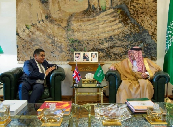 Saudi Deputy Minister of Foreign Affairs Eng. Walid Al-Kheraiji holds talks with Lord Tariq Ahmed, minister of state for MENA, South Asia and the UN at the British Ministry of Foreign, Commonwealth and Development, at the ministry’s headquarters in Riyadh on Wednesday.