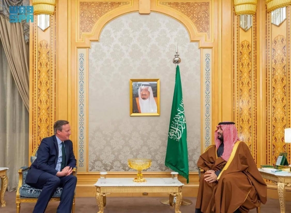 Crown Prince and Prime Minister Mohammed bin Salman holds talks with UK Secretary of State for Foreign, Commonwealth and Development Affairs David Cameron in Riyadh on Wednesday.
