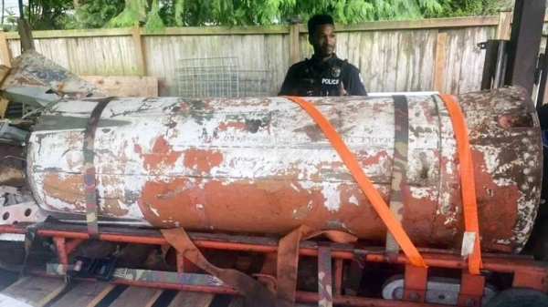 Markings are still visible on the inert AIR-2 Genie rocket. — courtesy Bellevue Police Department