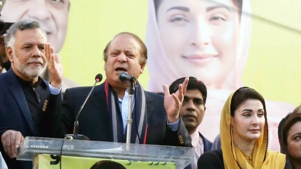 Nawaz Sharif addresses a public gathering during an election campaign in Lahore, Pakistan on Jan. 29, 2024. — courtesy EPA