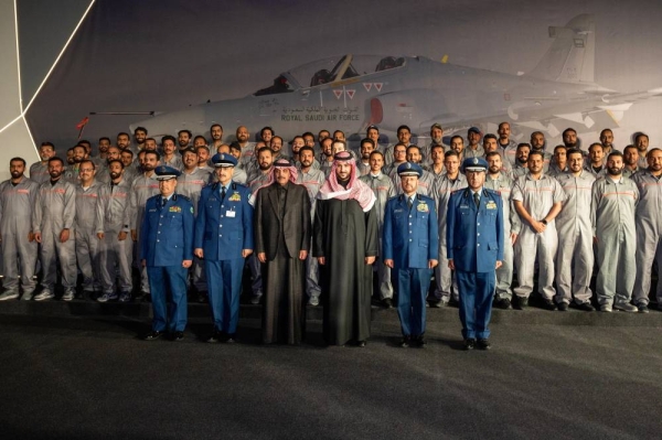 Minister of Defense Prince Khalid bin Salman during the ceremony of rolling out of the latest jet Hawk aircraft assembled in Saudi Arabia.