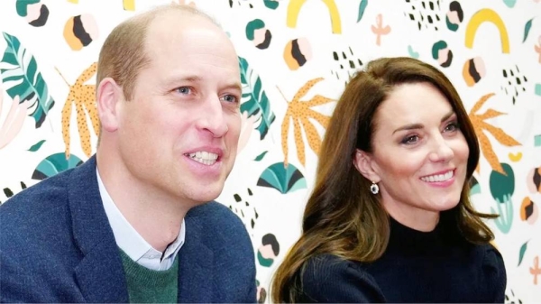 The Prince and Princess of Wales against a colorful backdrop with a leaf motif. — courtesy Reuters