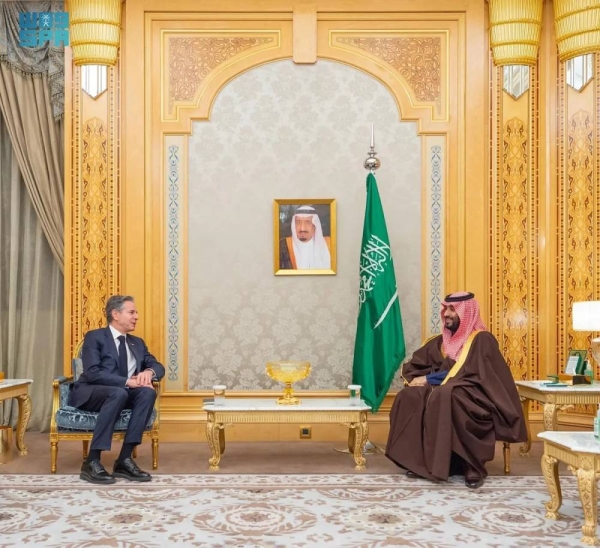 Crown Prince and Prime Minister Mohammed bin Salman and US Secretary of State Antony Blinken discussed major regional developments and the efforts made to address them during their meeting in Riyadh on Monday.