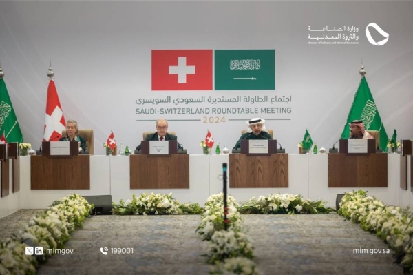 Saudi Minister of Investment Eng. Khalid Al-Falih addressing a Saudi-Swiss round table meeting in Riyadh on Monday.