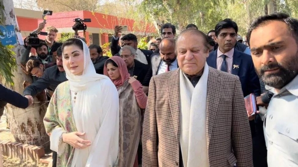 Nawaz Sharif (right), seen here with his daughter Maryam, is on the ballot aiming to become PM for the fourth time