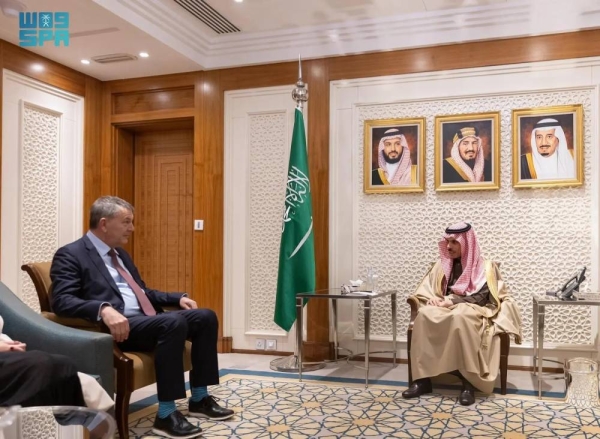 Saudi Minister of Foreign Affairs Prince Faisal bin Farhan holds talks with Philippe Lazzarini, commissioner general of the United Nations Relief and Works Agency for Palestine Refugees in the Near East (UNRWA), in Riyadh on Thursday.
