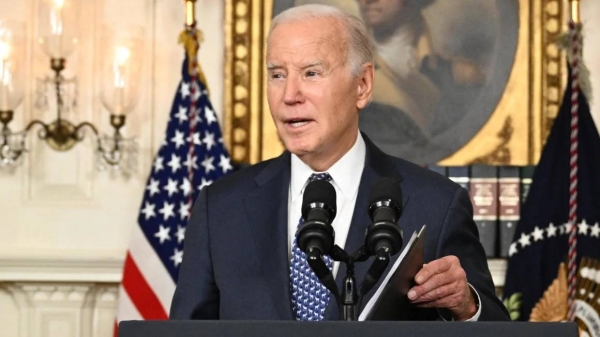 US President Joe Biden speaks about the Special Counsel report in the Diplomatic Reception Room of the White House in Washington, DC, on February 8, 2024