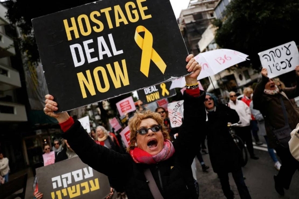 Protesters demand a hostage deal amid the ongoing conflict between Israel and Hamas, in a demonstration in Tel Aviv, Israel, on February 1, 2024