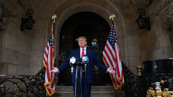 Former President Donald Trump speaks during a press conference held at Mar-a-Lago on February 8, 2024