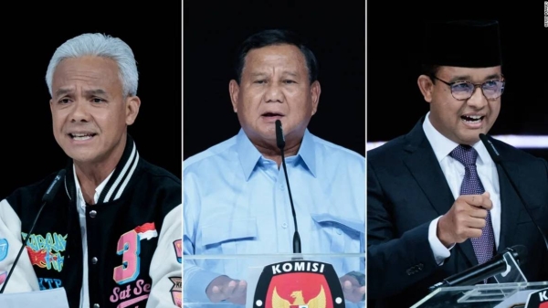 Indonesia's 2024 presidential candidates -- Ganjar Pranowo (L), Prabowo Subianto and Anies Baswedan (R)