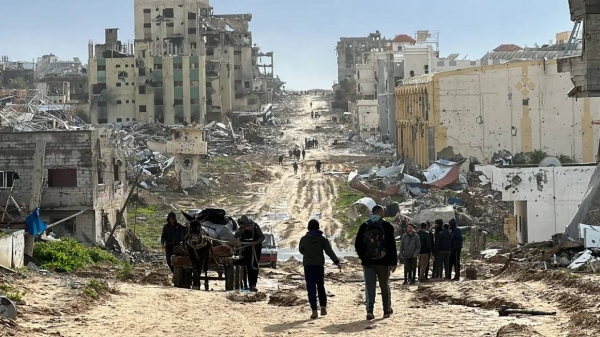 A view of destruction with destroyed buildings and roads after Israeli Forces withdrawn from the areas in Khan Yunis, Gaza on February 2, 2024