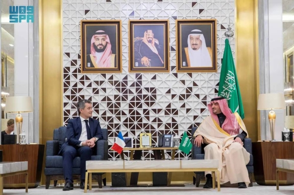 Saudi Minister of Interior Prince Abdulaziz bin Saud bin Naif holds talks with French Minister of Interior and Overseas Territories Gerald Darmanin in Riyadh on Thursday.