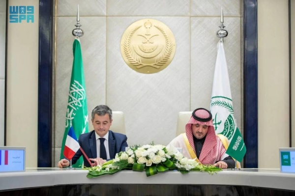 Saudi Minister of Interior Prince Abdulaziz bin Saud bin Naif holds talks with French Minister of Interior and Overseas Territories Gerald Darmanin in Riyadh on Thursday.