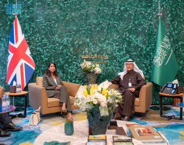 Saudi Minister of Energy Prince Abdulaziz bin Salman holds talks with British Secretary of State for Energy Security and Net Zero Claire Coutinho in Riyadh on Monday.