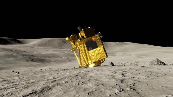 Jaxa produced this render of Slim to show the awkward landing orientation that pointed the solar cells away from the Sun