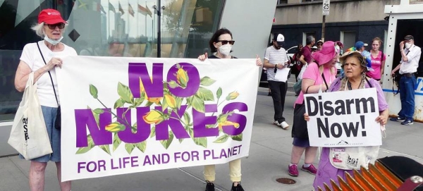 Protestors air their views on non-proliferation opposite UN Headquarters in New York. (file) — courtesy ICAN/Seth Shelden