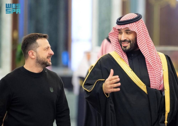 Saudi Crown Prince and Prime Minister Mohammed bin Salman receives Ukraine’s President Volodymyr Zelenskyy in Riyadh on Tuesday.

