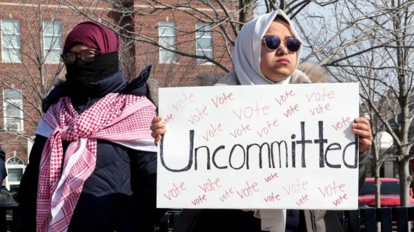 Supporters of the campaign to vote 'Uncommitted' hold a rally in support of Palestinians in Gaza ahead of Michigan's Democratic presidential primary election in Hamtramck, Michigan, on February 24, 2024