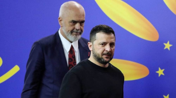 Ukrainian President Volodymyr Zelensky, foreground, and Albanian Prime Minister Edi Rama in Tirana, Albania, Wednesday, Feb. 28, 2024