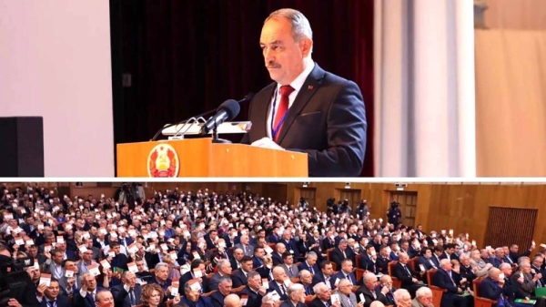 Alexander Korshunov, Chairman of the Pridnestrovian Moldavian Republic's Supreme Council, addressing delegates during a session in the Transnistrian capital, Tiraspol