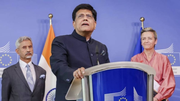 India's Commerce and Industry Minister Piyush Goyal during a press conference at EU headquarters in Brussels last year. (file photo)