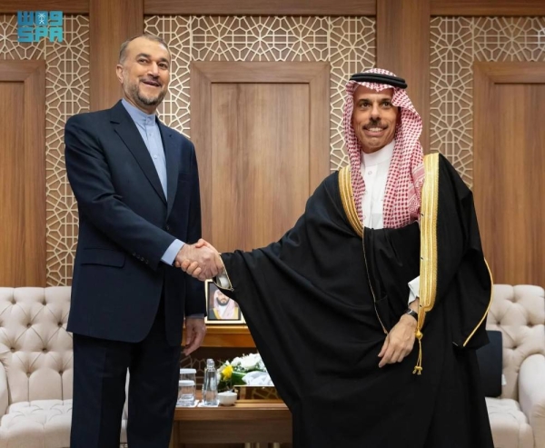 Saudi Minister of Foreign Affairs Prince Faisal bin Farhan receives Iranian Foreign Minister Hossein Amir-Abdollahian in Jeddah on Tuesday.