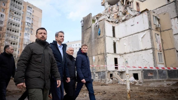 Zelensky said the missile struck close to where he had been meeting with Mitsotakis, third from right