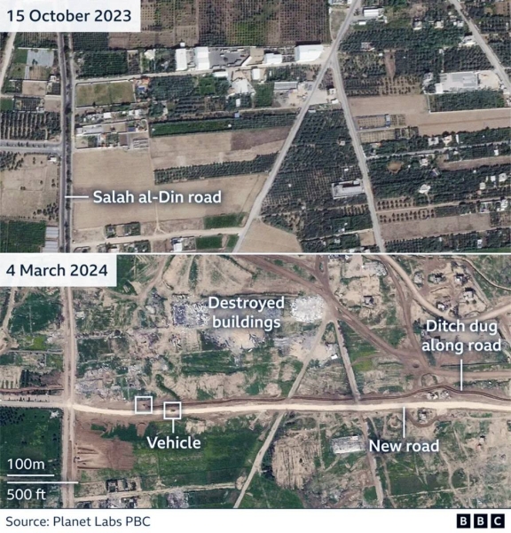 Satellite images of the area in October and March showing where the road has been built