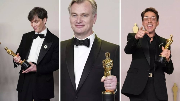 Oppenheimer win big at this year's Oscars.  (from left) Cillian Murphy, Christopher Nolan, Rqobert Downey Jr