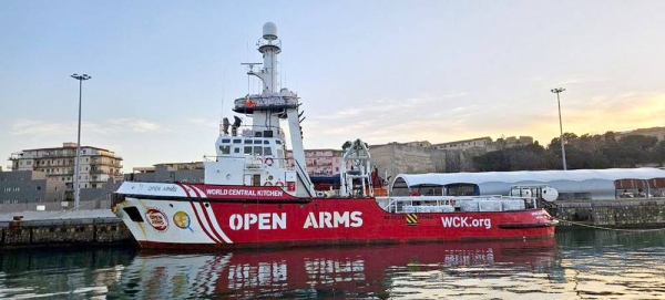 The Open Arms tugboat in Crotona harbor, Italy, preparing to set sail for Larnaca, Cyprus, as part of a joint mission with World Central Kitchen NGO to Gaza. — courtesy Open Arms