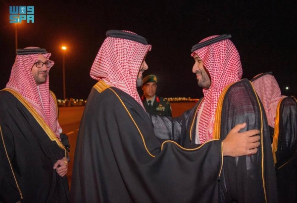 Emir of Madinah Prince Salman bin Sultan receives Crown Prince and Prime Minister Mohammed bin Salman upon his arrival in Madinah on Wednesday.
