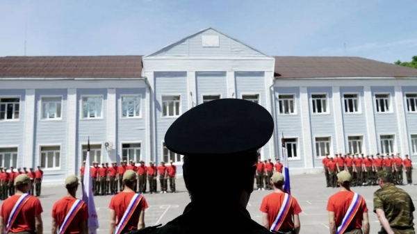 Teenagers attend a ceremony at a military-patriotic educational camp in Russia's southern Rostov region on June 9, 2023