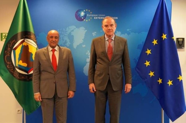 Deputy Secretary General of the European External Action Service Enrique Mora receives Gulf Cooperation Council Secretary General Jasem Albudaiwi in Brussels on Monday.
