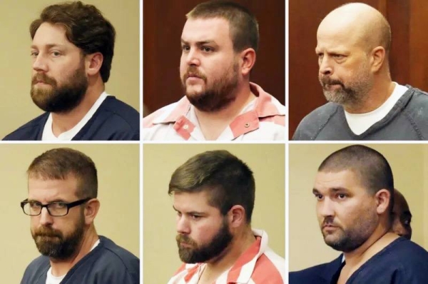 From top left, former Rankin County sheriff's deputies Hunter Elward, Christian Dedmon, Brett McAlpin, Jeffrey Middleton, Daniel Opdyke and former Richland police officer Joshua Hartfield. — courtesy AP