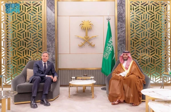 Saudi Crown Prince and Prime Minister Mohammed bin Salman holds talks with US Secretary of State Antony Blinken in Jeddah on Wednesday.