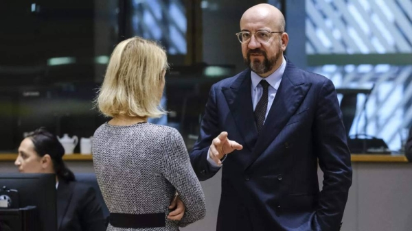 European Council President Charles Michel talks to Estonian Prime Minsiter Kaja Kallas at the EUCO summit in February