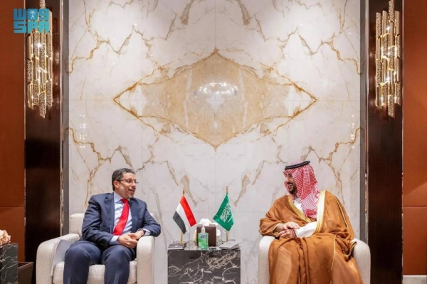 Saudi Minister of Defense Prince Khalid bin Salman holds talks with Yemen’s Prime Minister and Minister of Foreign and Expatriate Affairs Dr. Ahmad Awad bin Mubarak in Jeddah on Thursday.