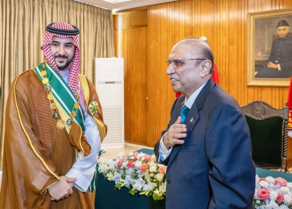 Saudi Defense Minister Prince Khalid Bin Salman was honored with Pakistan's highest civilian award, “Nishan-e-Pakistan” by President Asif Ali Zardari.