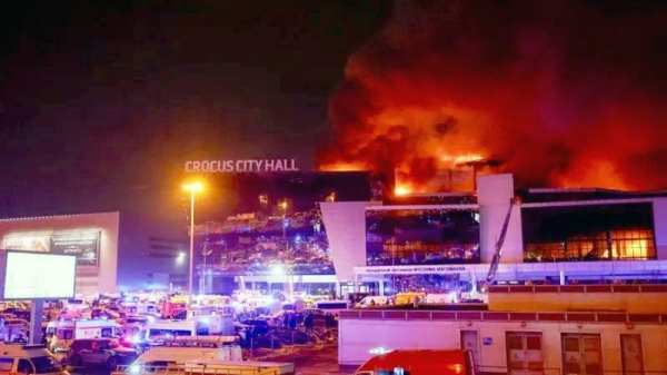 Smoke from fire rises above the burning Crocus City Hall concert venue. — courtesy Reuters