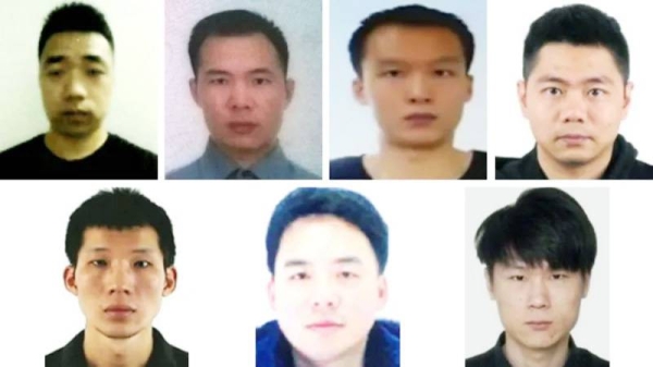 (L-R Top row): Ni Gaobin; Cheng Feng; Xiong Wang; Sun Xiaohui (L-R Bottom row): Peng Yaowen; Zhao Guangzong; Weng Ming. — courtesy US Department of Justice