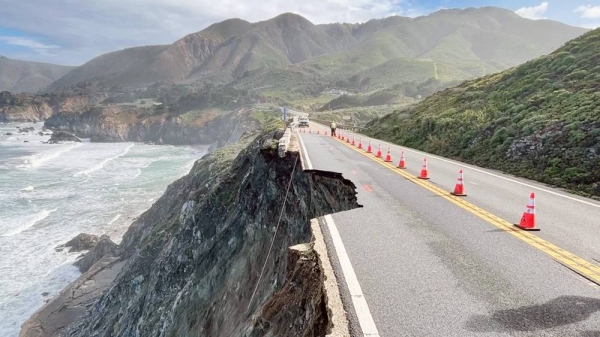 A landslide destroyed part of Highway 1 south of Rocky Creek Bridge on the Big Sur coast. — courtesy Caltrans District 5