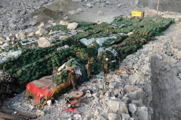 Drone footage shows workers at the Zhonghe quarry in Hualien before their rescue on April 4, 2024