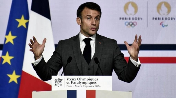 French President Emmanuel Macron giving a speech earlier this year where he shared his wishes to elite athletes ahead of the Games