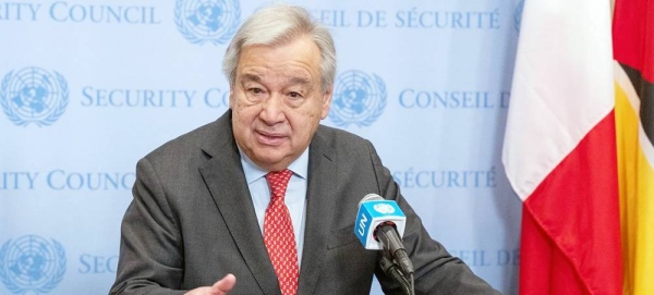 UN Secretary-General António Guterres briefs the media outside the Security Council on the situation in Gaza. — courtesy UN Photo/Eskinder Debebe
