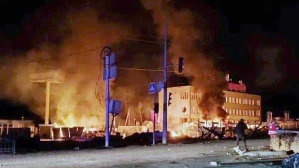 Buildings burning following Russian strikes on Kharkiv. — courtesy Ukrainian police/Facebook