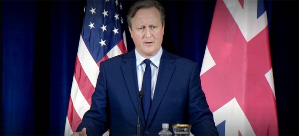 UK Foreign Secretary Lord David Cameron makes a point during a joint press conference with US Secretary of State Antony Blinken in Washington on Tuesday.