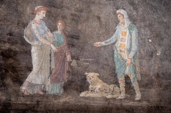 The frescos depict Greek mythology — Paris kidnaps Helen which triggers the Trojan War
