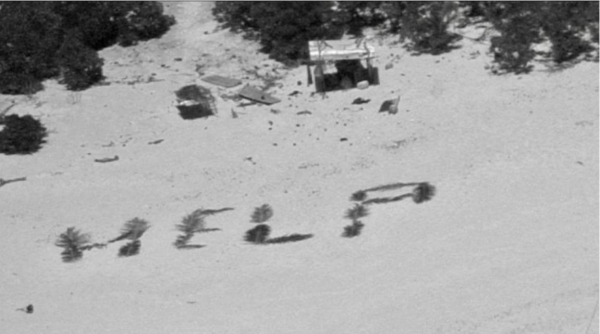 The castaways gathered palm fronds from the 31-acre island, arranged them to spell out 'HELP' on the beach, and waited.