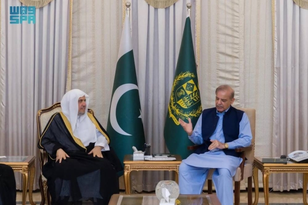 Pakistan’s Prime Minister Muhammad Shehbaz Sharif receives Muslim World League Secretary General Sheikh Muhammad Al-Issa in Islamabad.